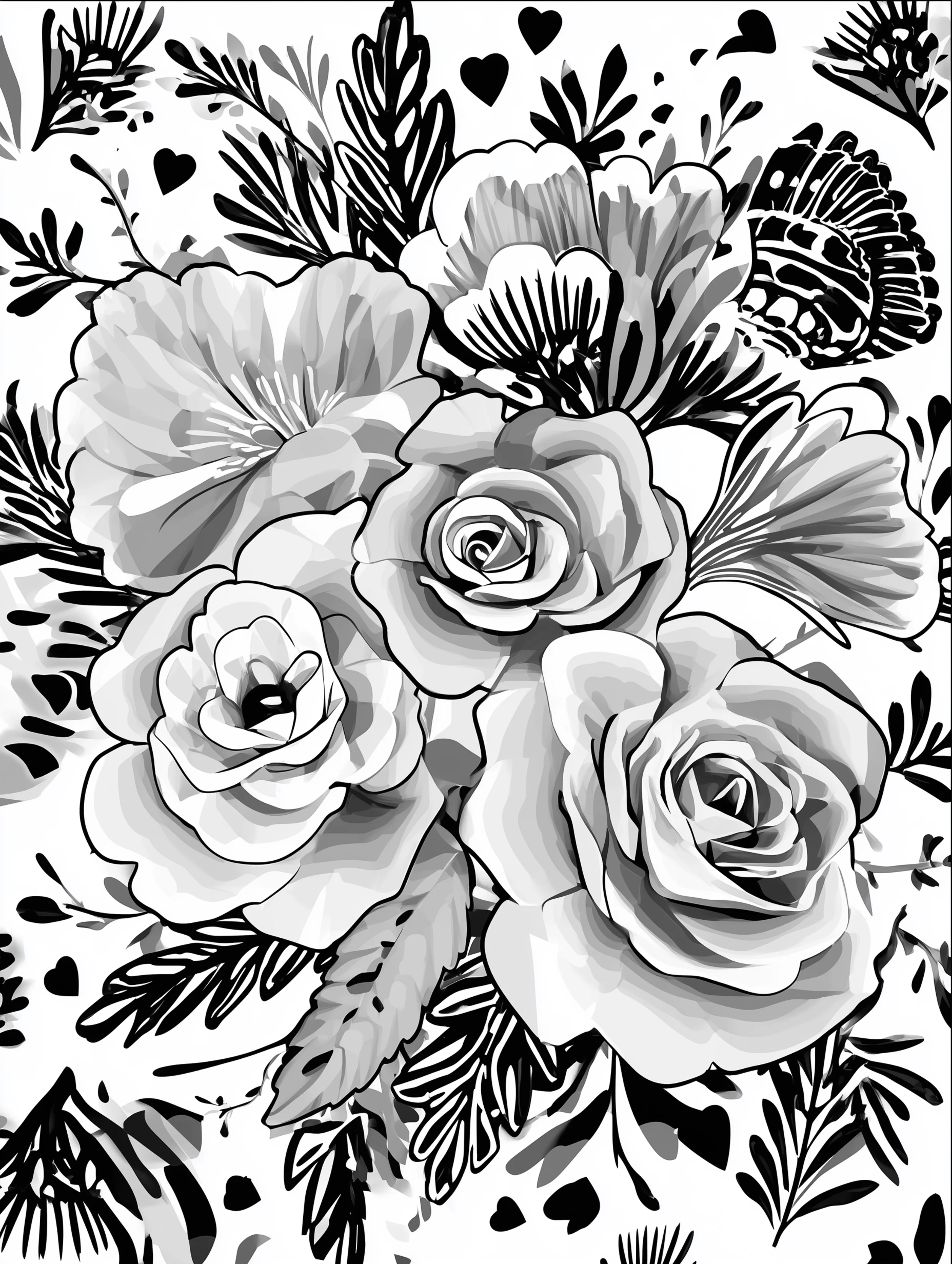 Free printable rose coloring page for adults featuring bunched roses